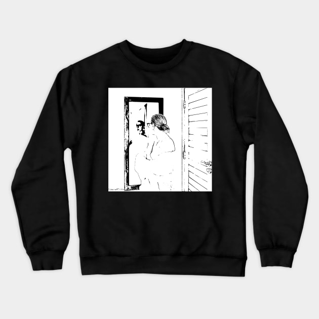 Black and White Mirror Mirror Woman in a Bathrobe Crewneck Sweatshirt by FotoStoriesArt